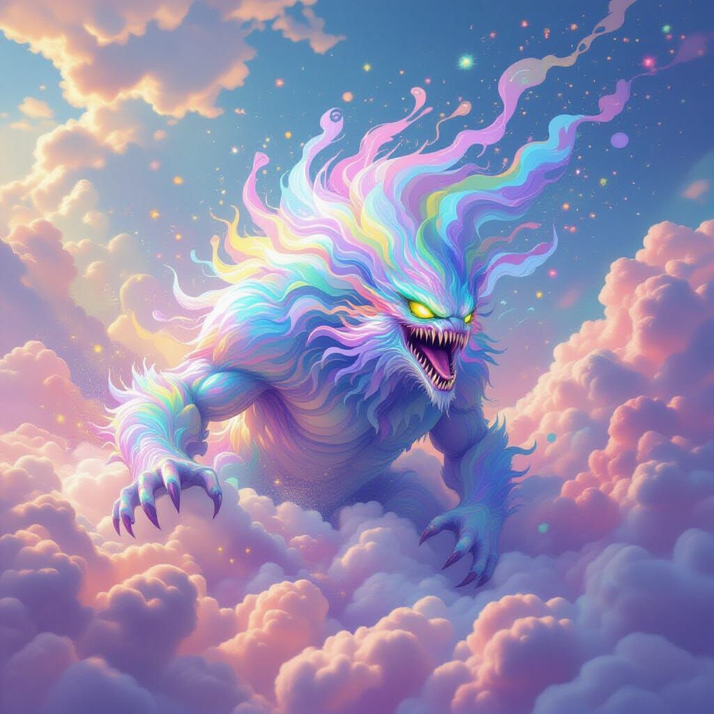 Iridescent Monster Emerges from Colorful Dust in Dreamlike S...