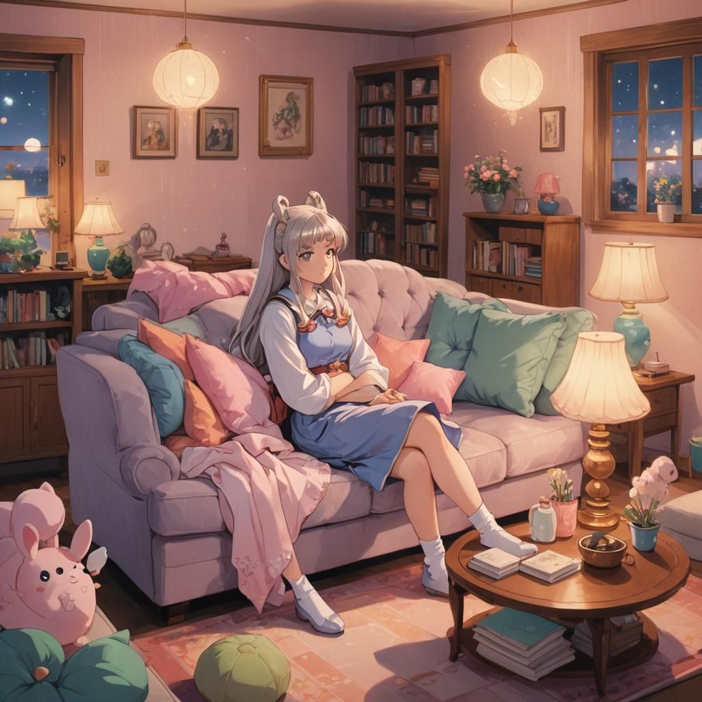 Magical Girl Listens to Gossip in Cozy Pastel Interior
