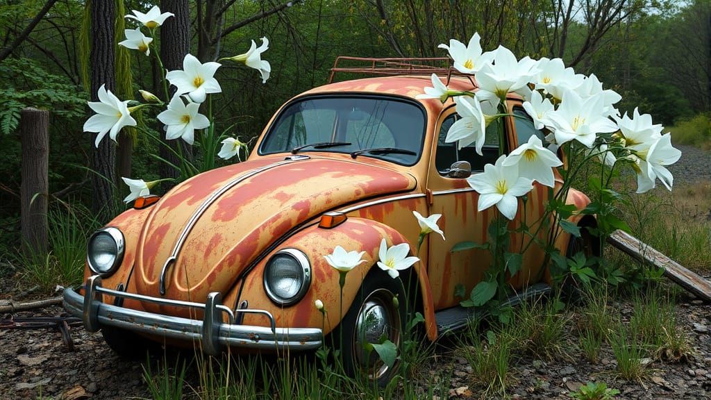 Moonflowers Over Vintage Beetle