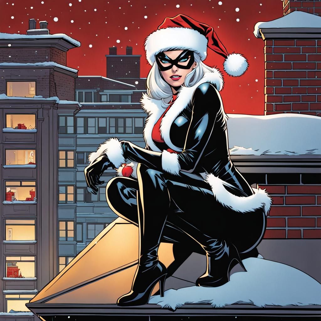 Black Cat Christmas Rooftop Caper in Comic Book Style