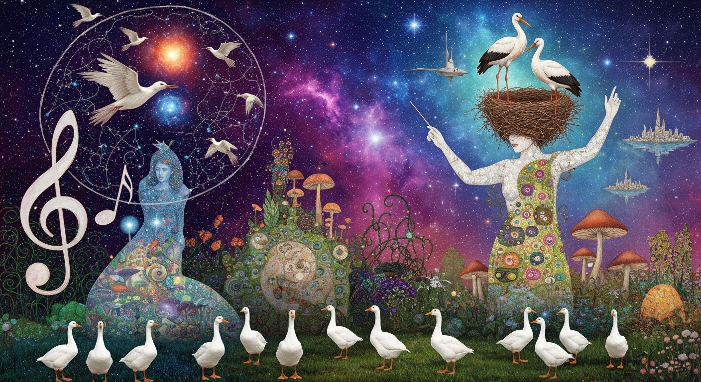 Ethereal Conductor Transforms into Birds Amid Cosmic Energy