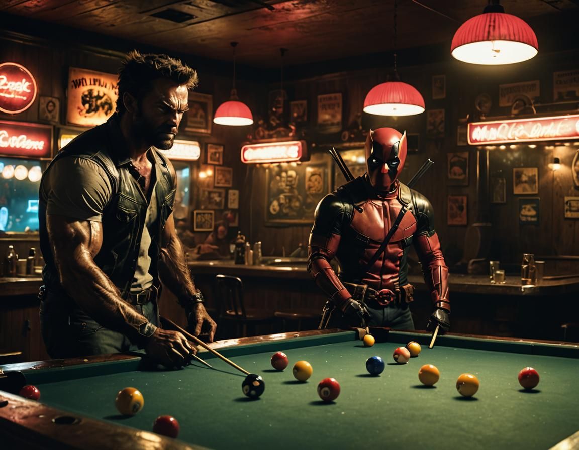 Wolverine and Deadpool Play Pool in Film Noir Style