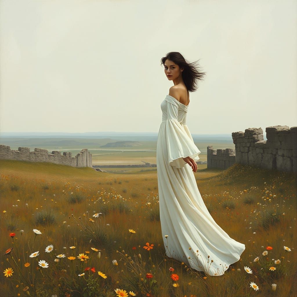 Woman in Earthy, Textured Landscape with Geometric Patterns