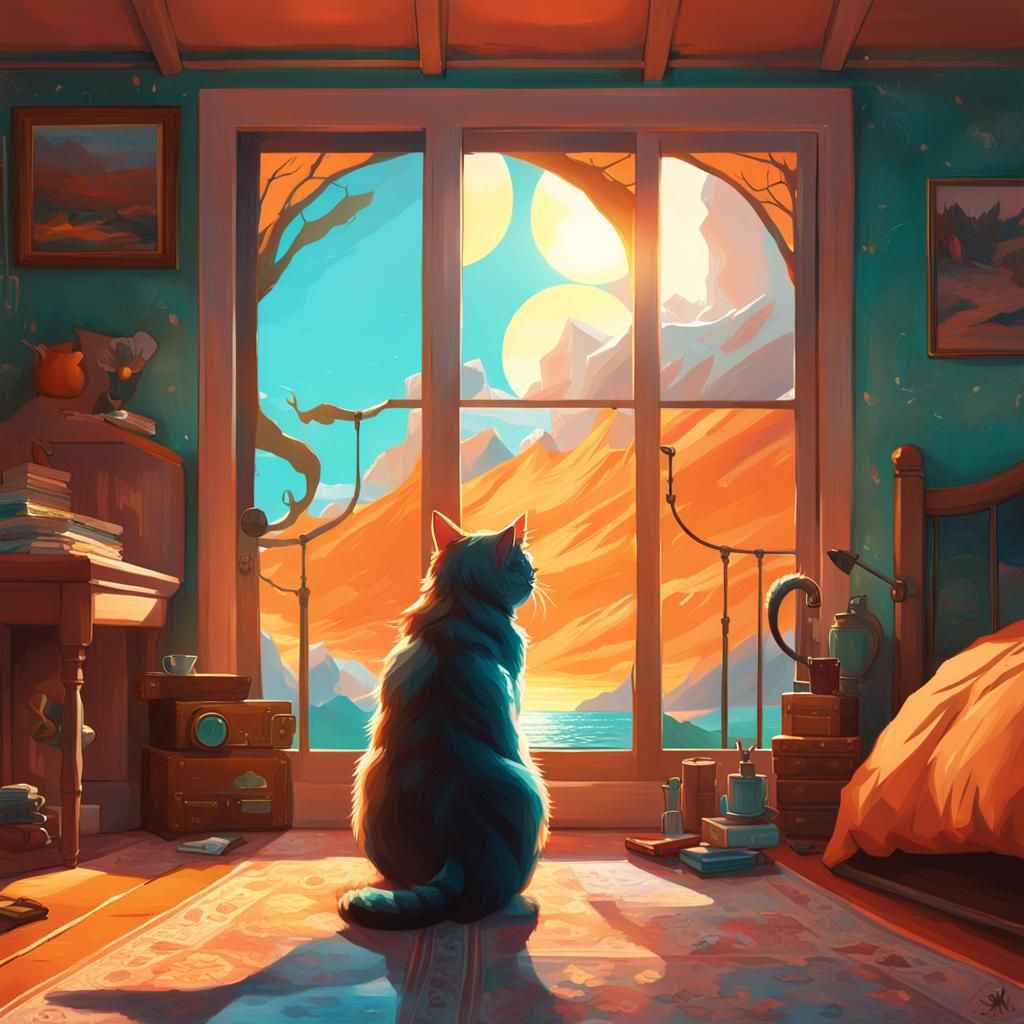 Cat Playing with Acrylics: Sunrise Bedroom Concept Art