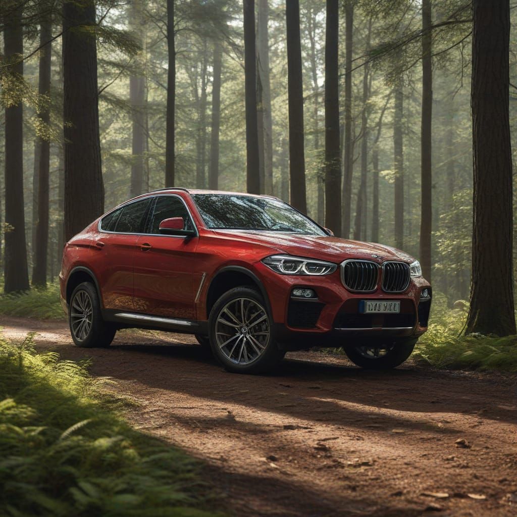 Sleek Red BMW X6 Shines in Lush Green Forest Landscape