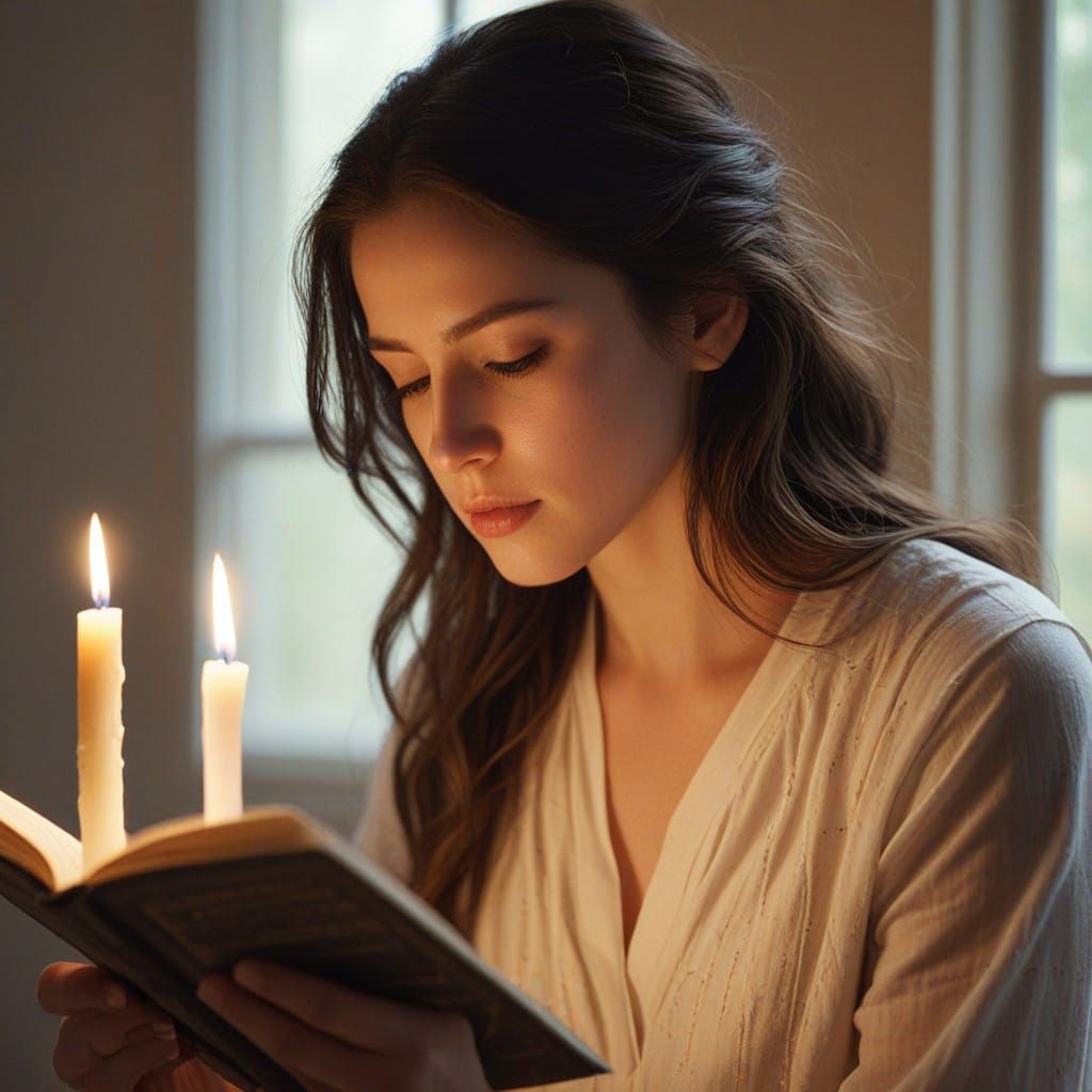 Women Contemplate a Glowing Scripture by Candlelight in Drea...