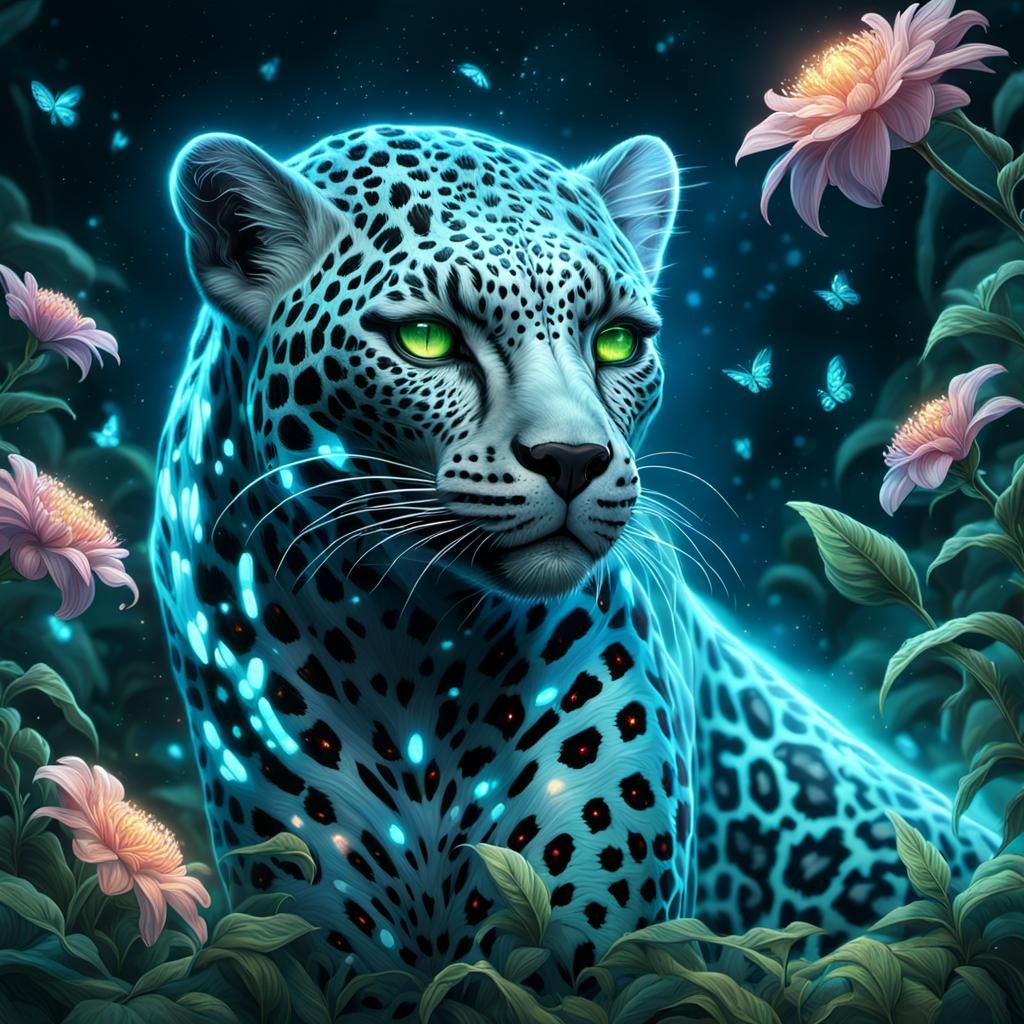 Ethereal Bioluminescent Alien Leopard in Mystic Garden