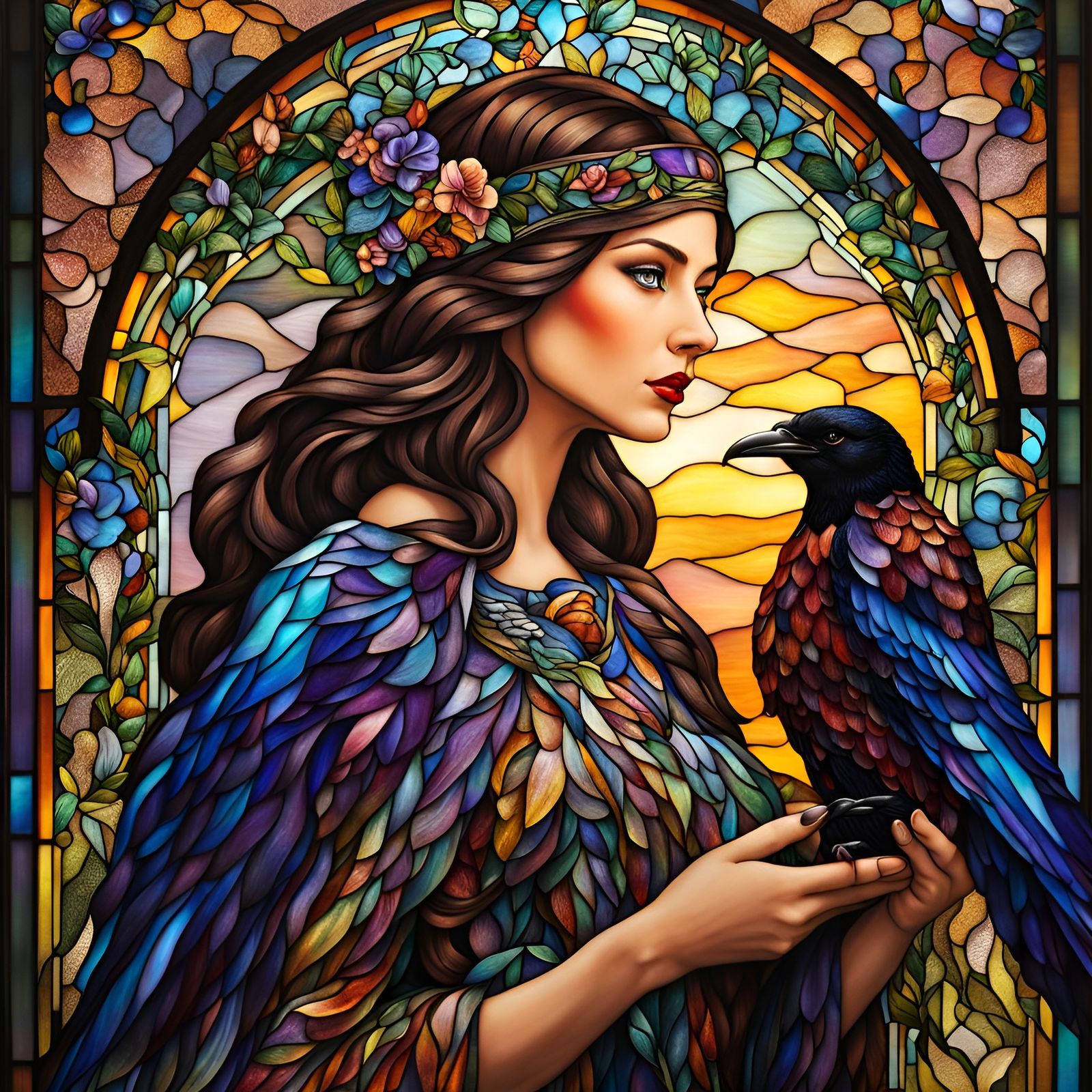 Tiffany-Style Stained Glass Woman with Raven