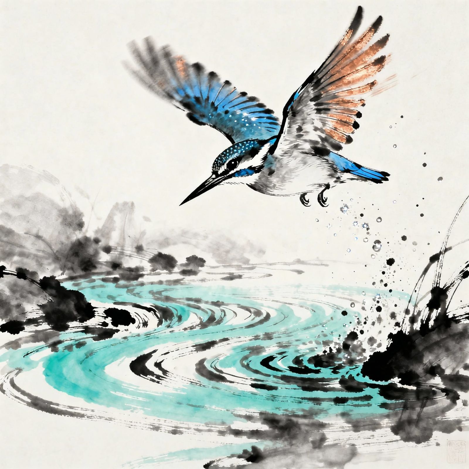 Kingfisher Mid-Dive in Ink and Wash Style