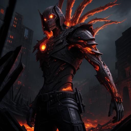 Octomus: Dark Fantasy Villain in Apocalyptic Landscape