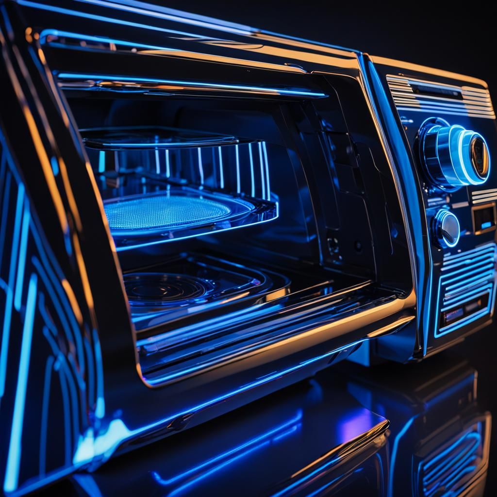 Sleek Cyberpunk Microwave in Neon Noir, High-Tech Chrome