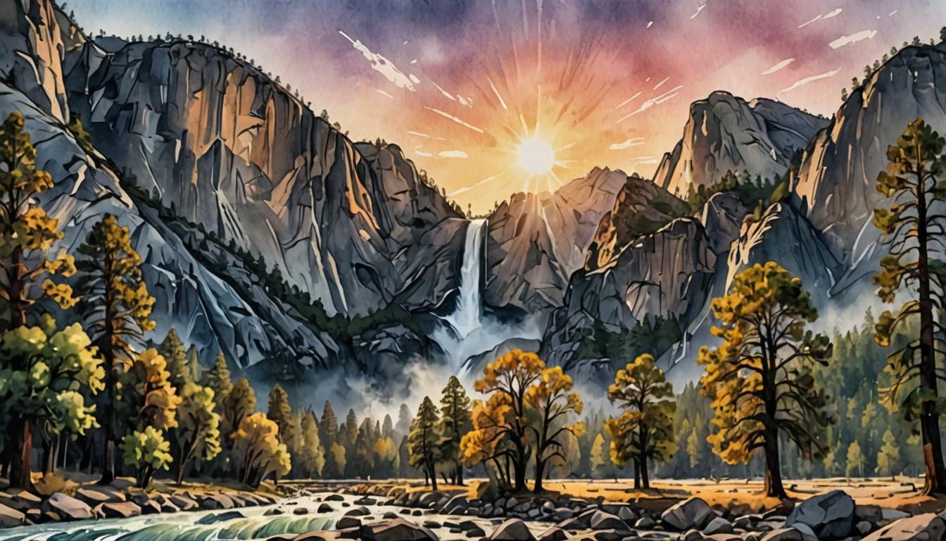 a dark watercolor: the sun rising over Yosemite falls. Stylized splashy. dark Watercolor, chaotic cinematic pastel color...