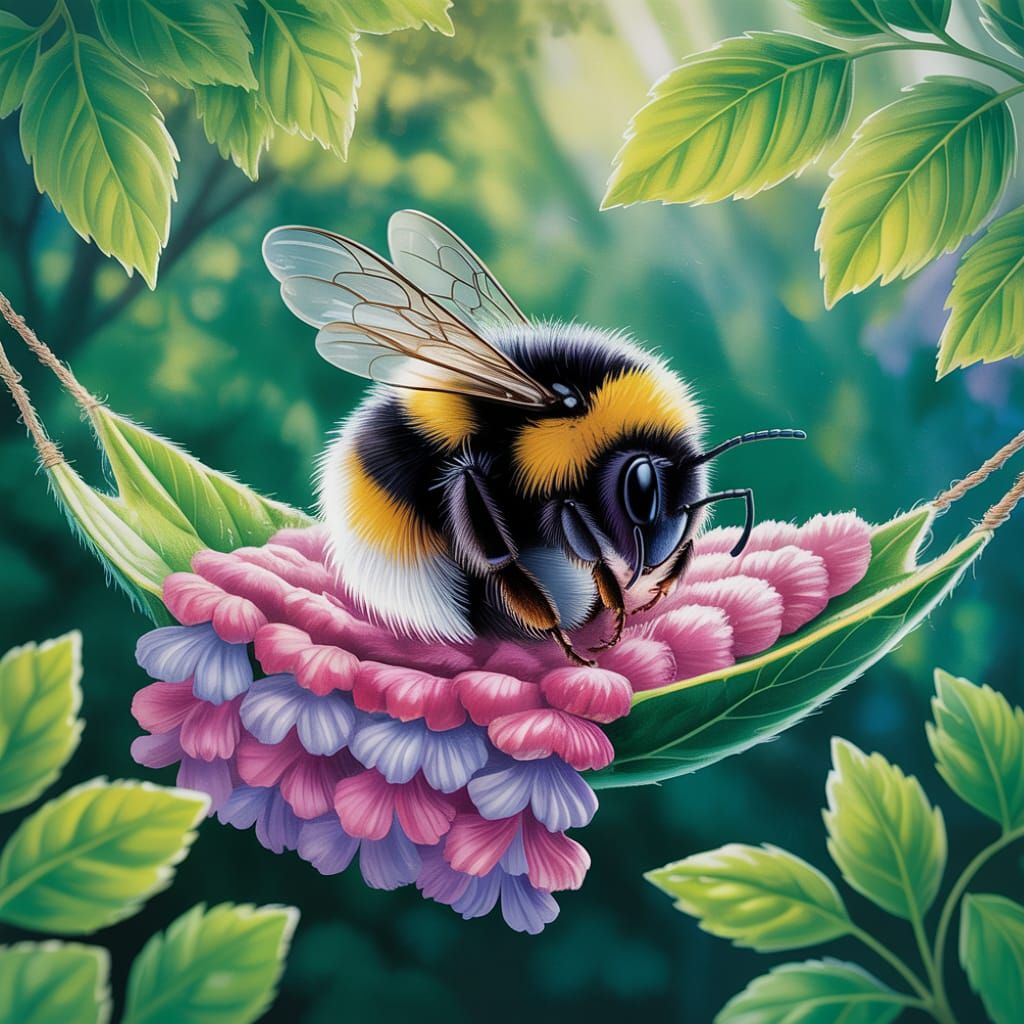 Fuzzy Bumblebee Sleeping on Leaf Hammock with Petal Blanket