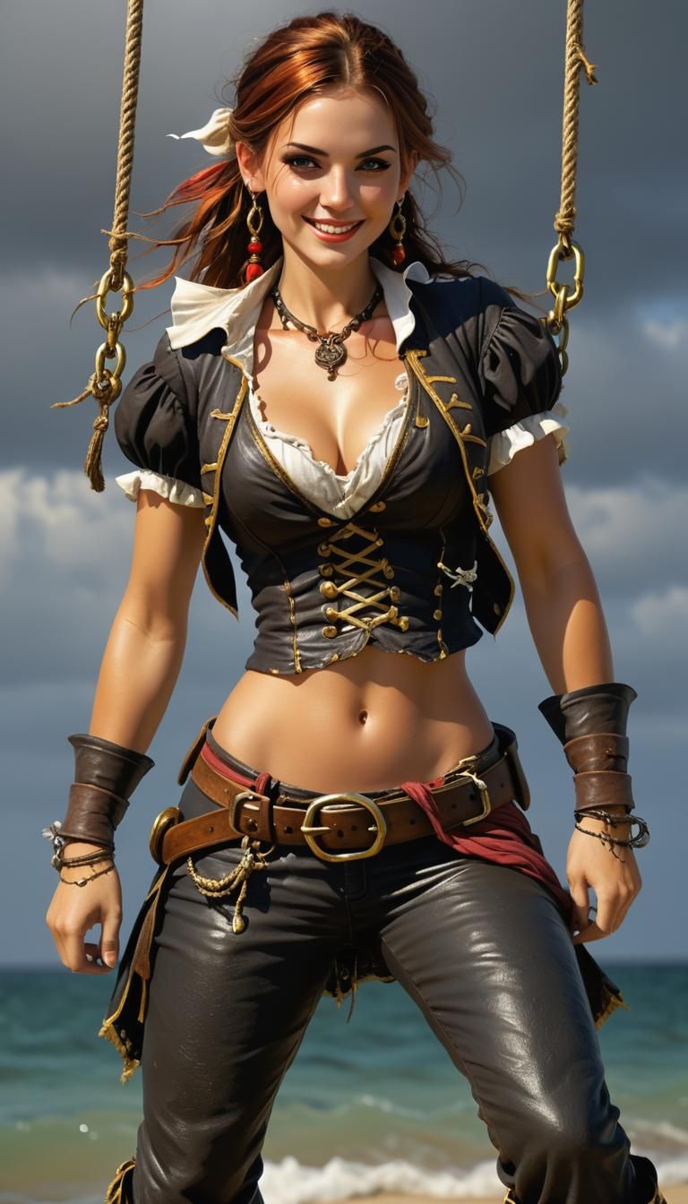 Lovely pirate girl swinging , sea shore, joyful , attractive...