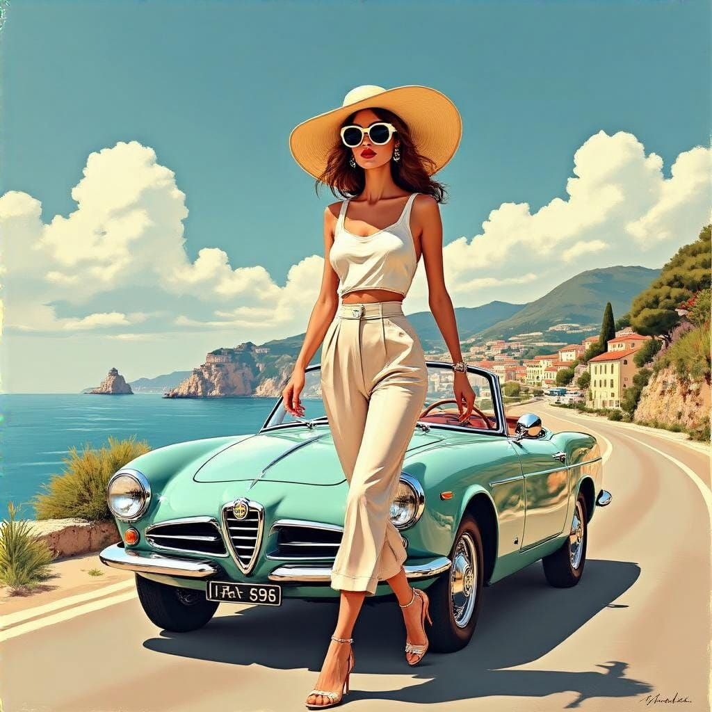 Elegant Woman Steps Out of Vintage Alfa Romeo on Sun-Kissed ...