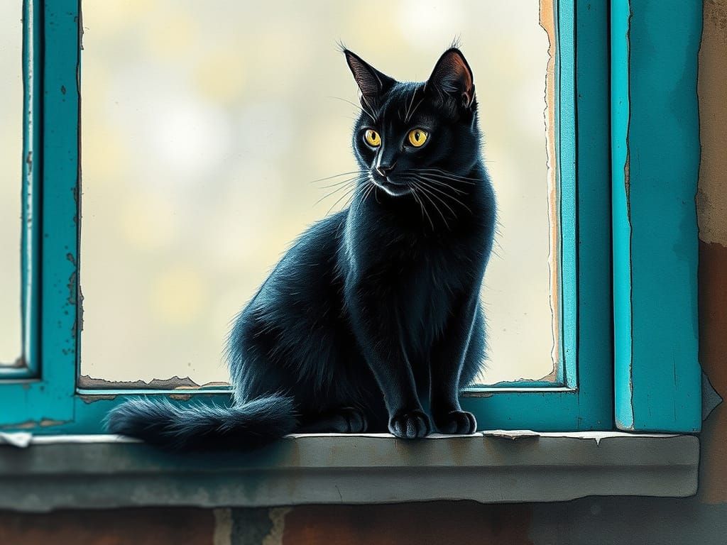 Vibrant Cat Amidst Melted Metal, Teal Window Sill