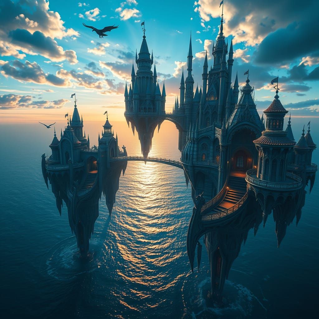Magical Floating City Above Shimmering Oceans at Sunset
