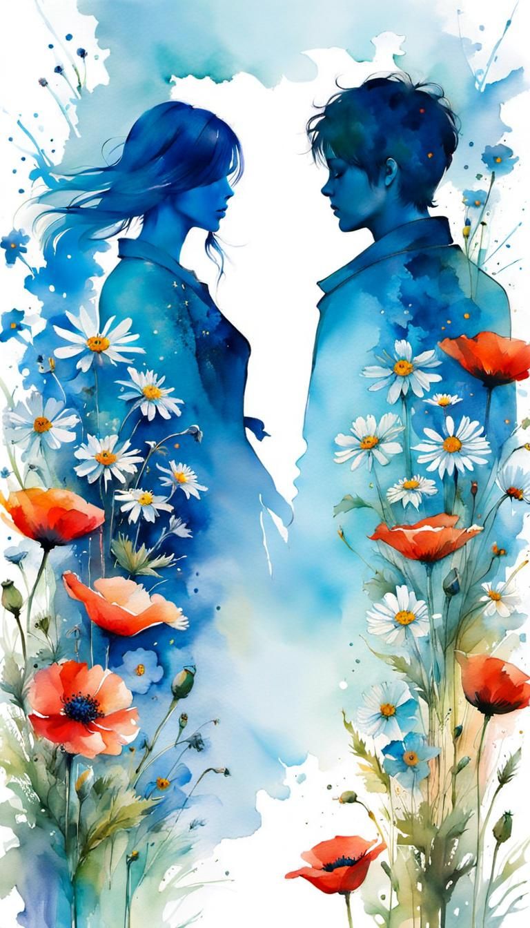 Blue Key Silhouette with Flowers in Watercolor