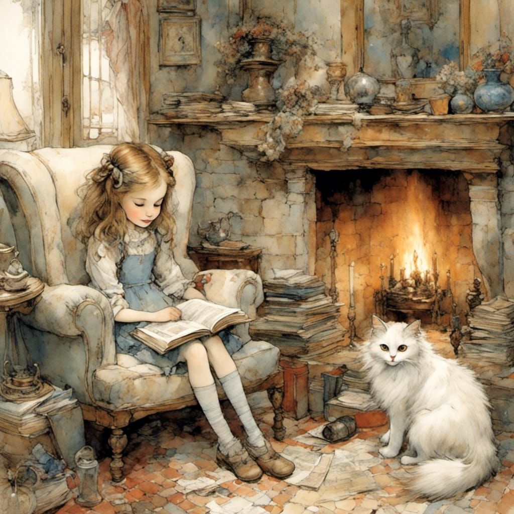 Girl Reads by Fireplace with Cat in Storybook Style