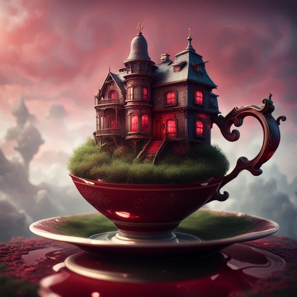 Creepy Victorian House in Teacup: Surreal 3D Render