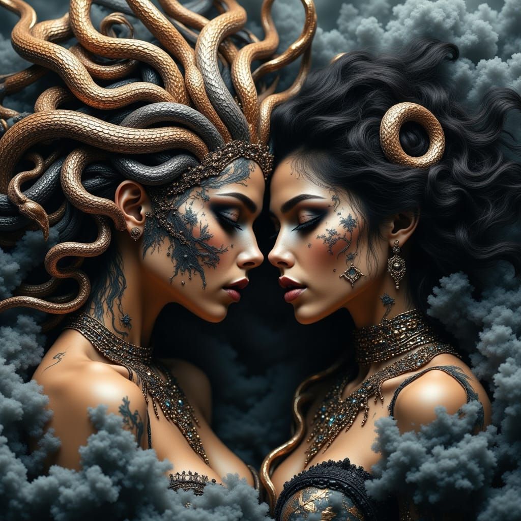 Medusa and Her Enchanting Blind Companion in a Whirling Smok...