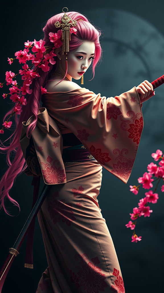 Geisha Draws Samurai Sword in Hyperrealistic Style