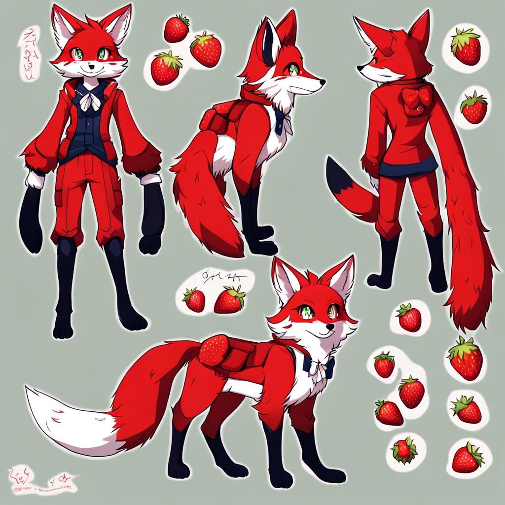 Strawberry Fox Anthro Reference Sheet in Anime Style