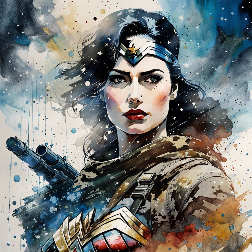 Wonder Woman Double Exposure Portrait in Watercolor