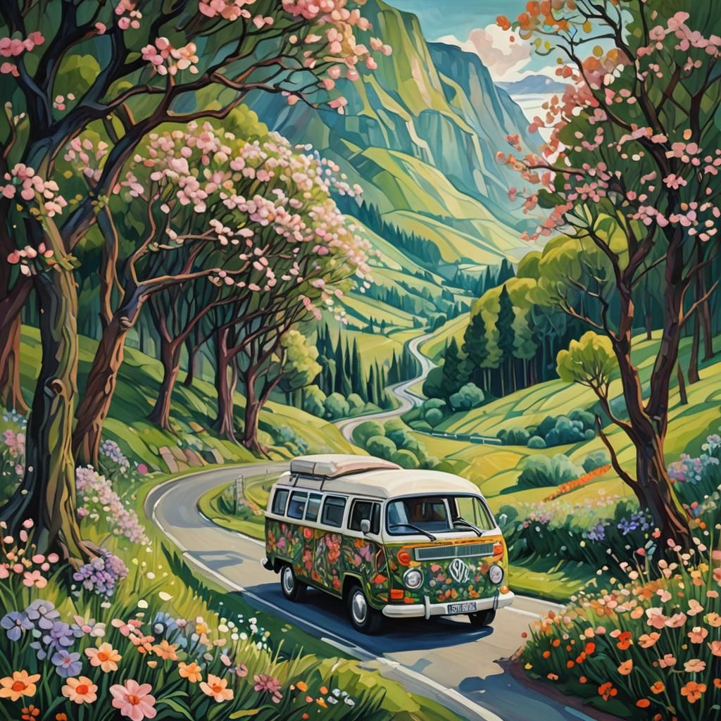 Fairytale Campervan Adventure in Expressive Oil Painting Sty...