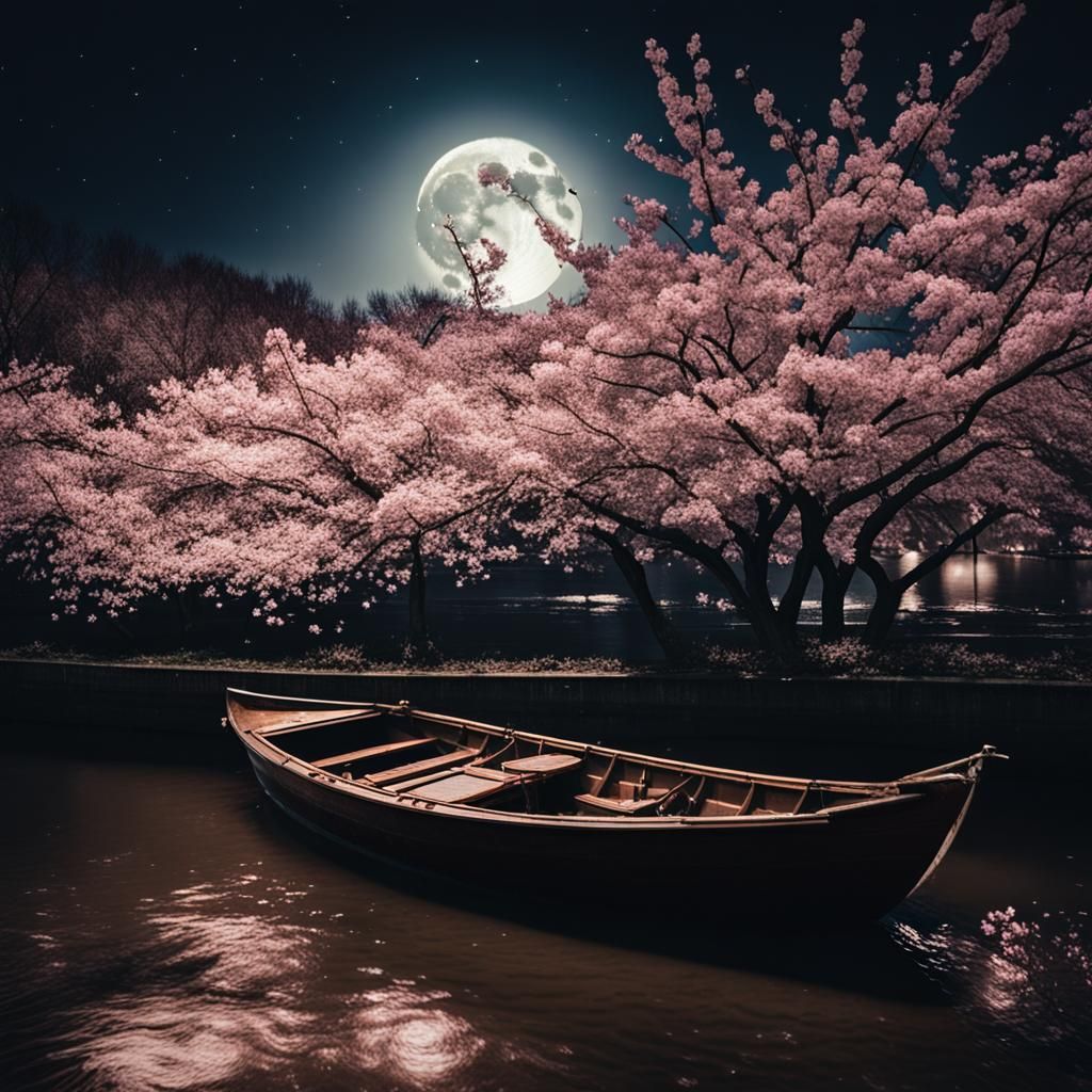 Boat Under Cherry Blossoms in Moonlight: Cinematic Film Stil...