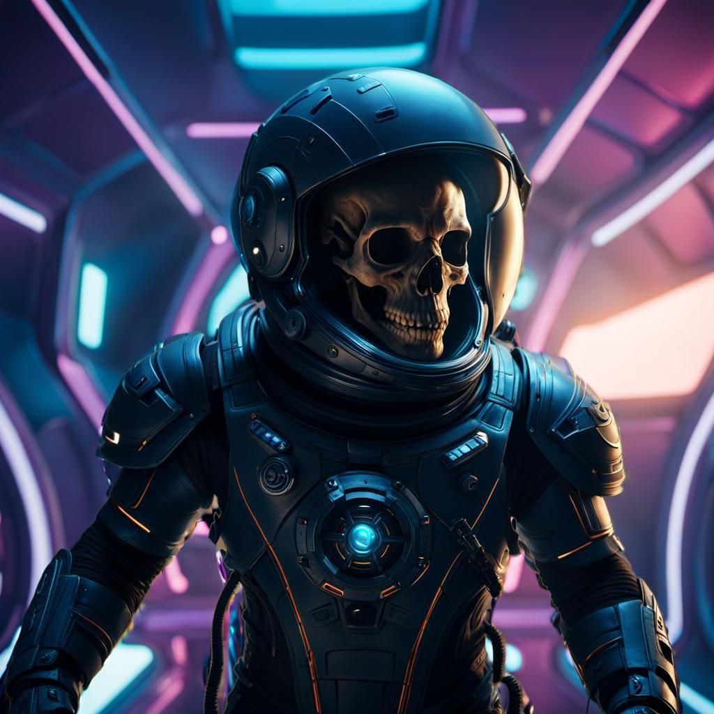 Astronaut Skull Portrait in Dark Room, Matte Painting