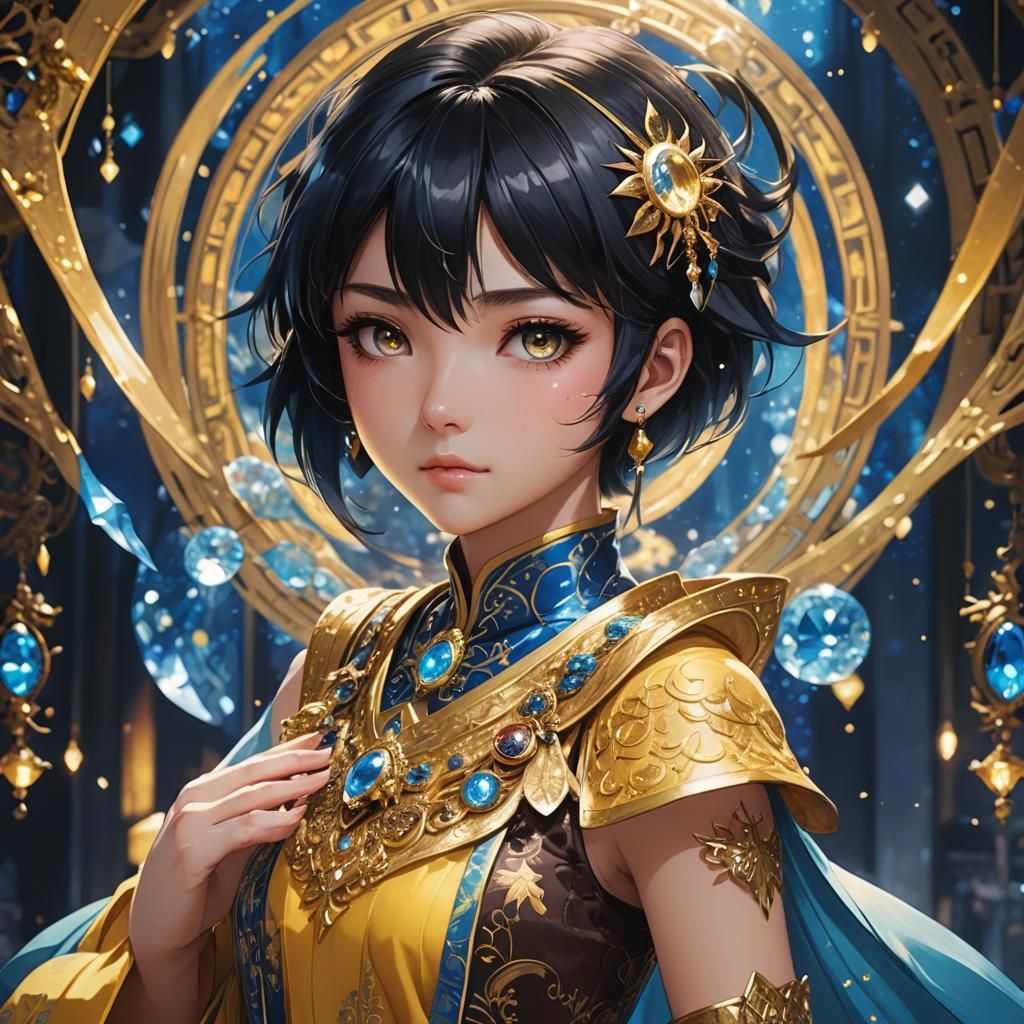 Anime Girl in Yellow Attire Before Shimmering Jewel