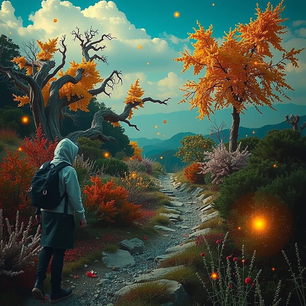 Shadowy Figure on Forest Path Towards Hopeful Light