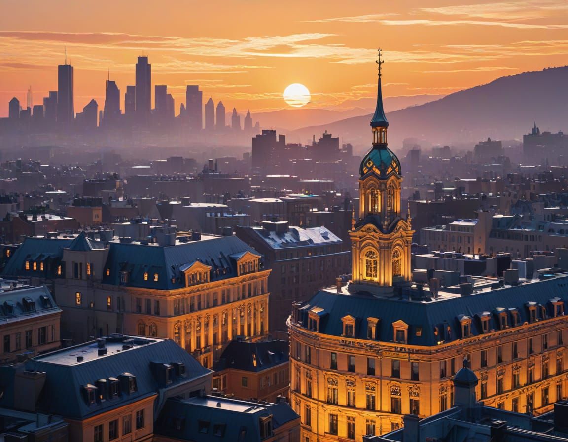 Surreal Cityscape at Dusk in Art Nouveau Style