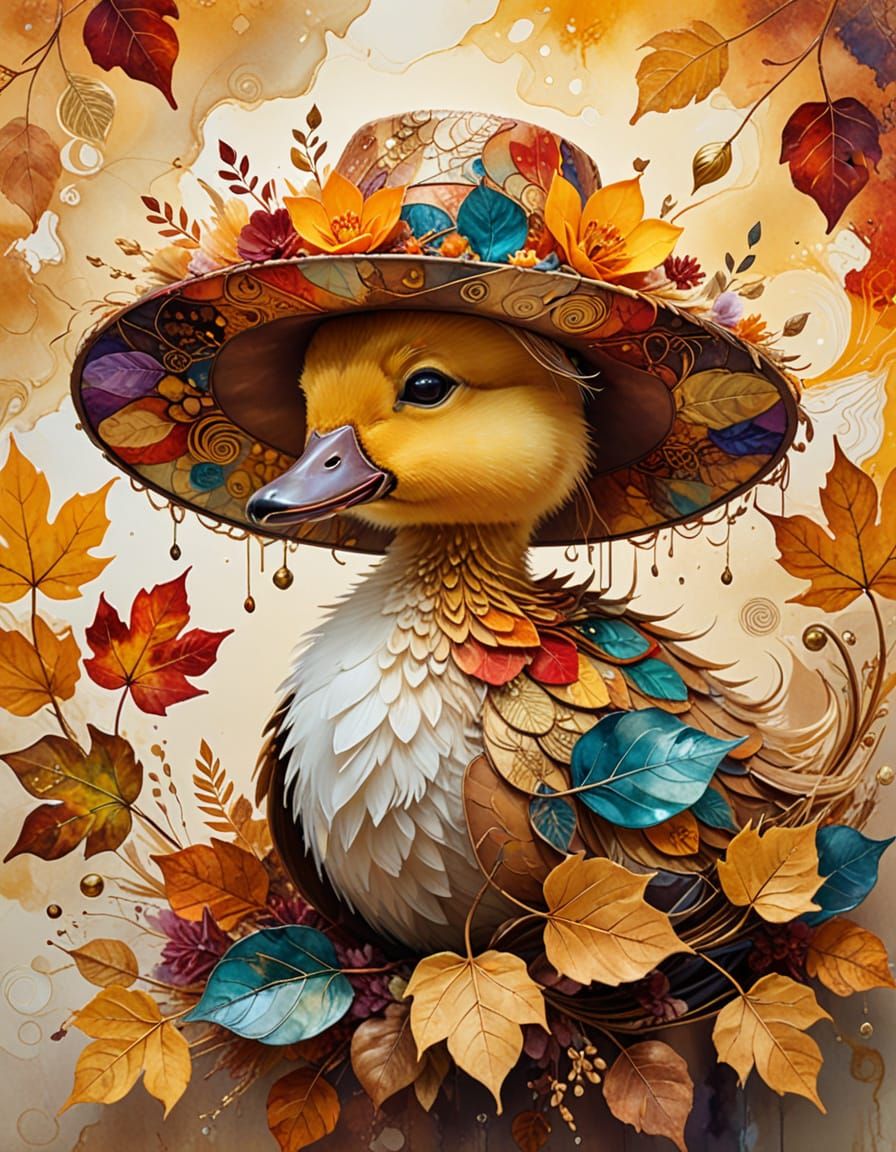 Surreal Hat of Autumn Leaves and Duckling