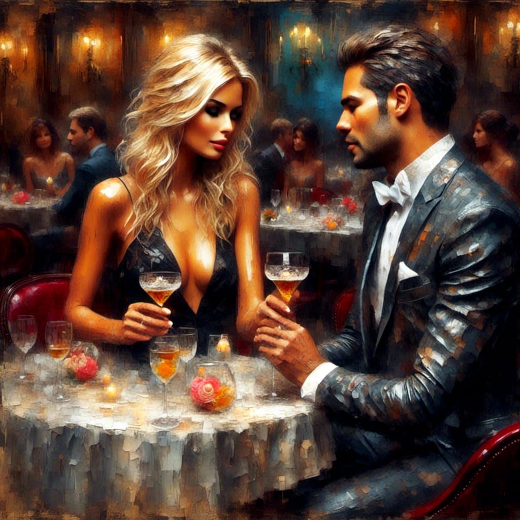 Elegant Couple in Dim Restaurant: 3D Oil Painting