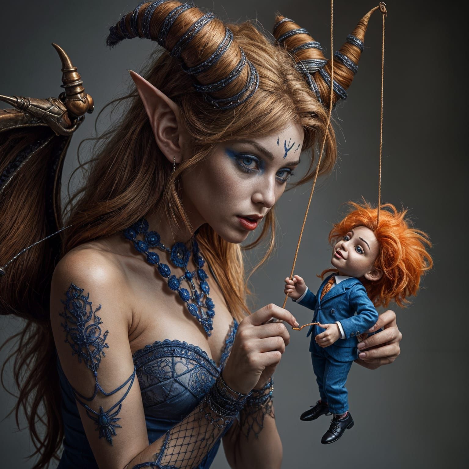 Hyperrealistic Devil Puppeteer with Old Man Puppet
