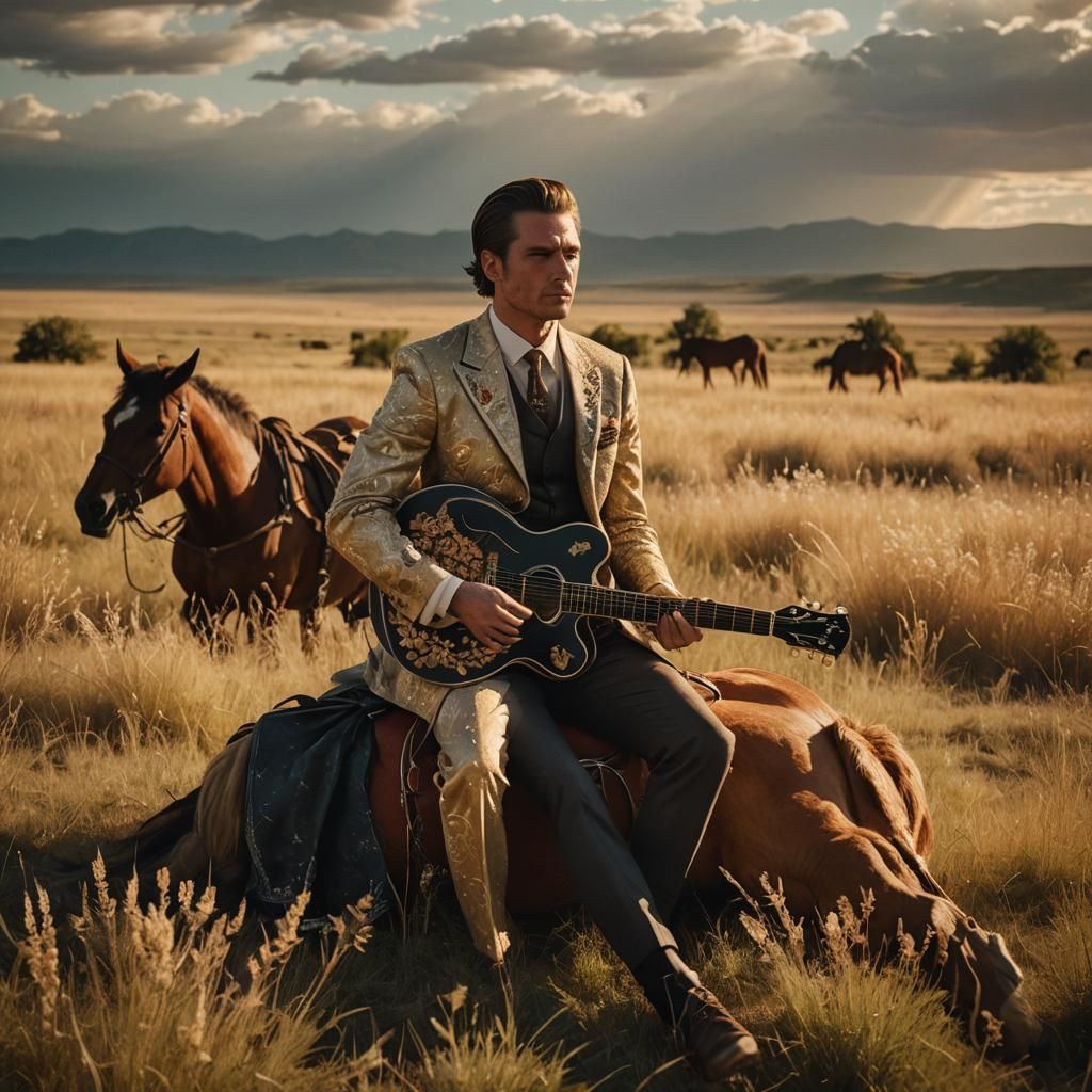 Prairie Horseman in Embroidered Suit: Cinematic Film Still