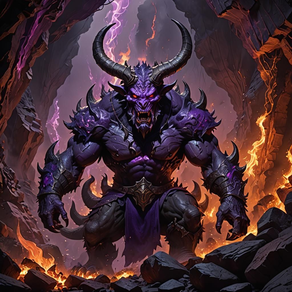 Intimidating Demon with Purple Glow in Burning Cave