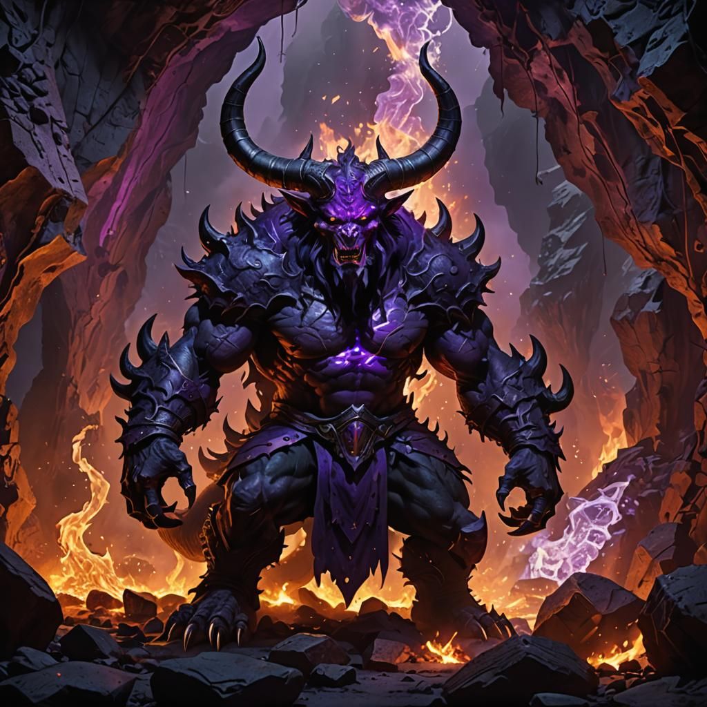 Intimidating Demon with Purple Glow in Burning Cave