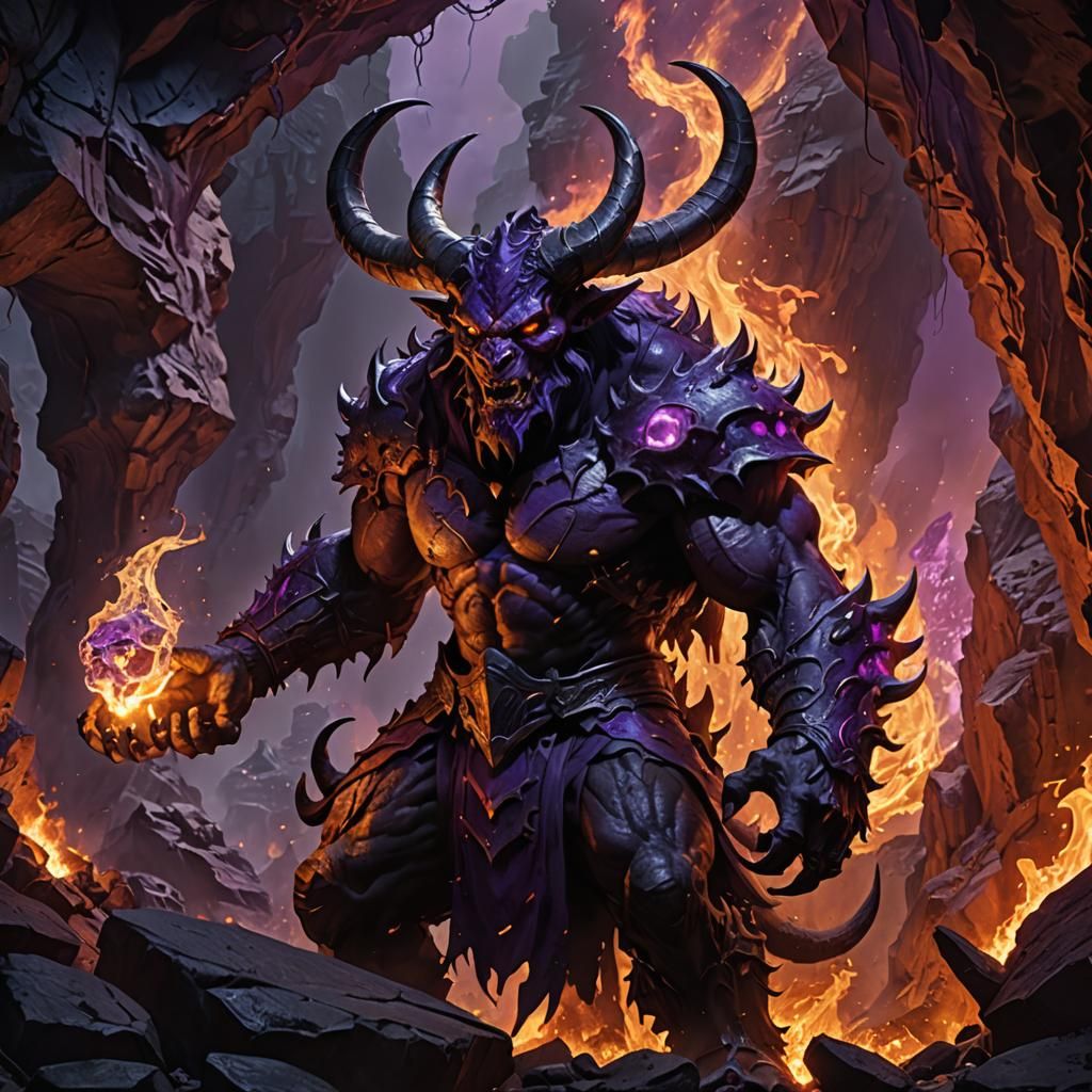Intimidating Demon with Horns Before Burning Cave
