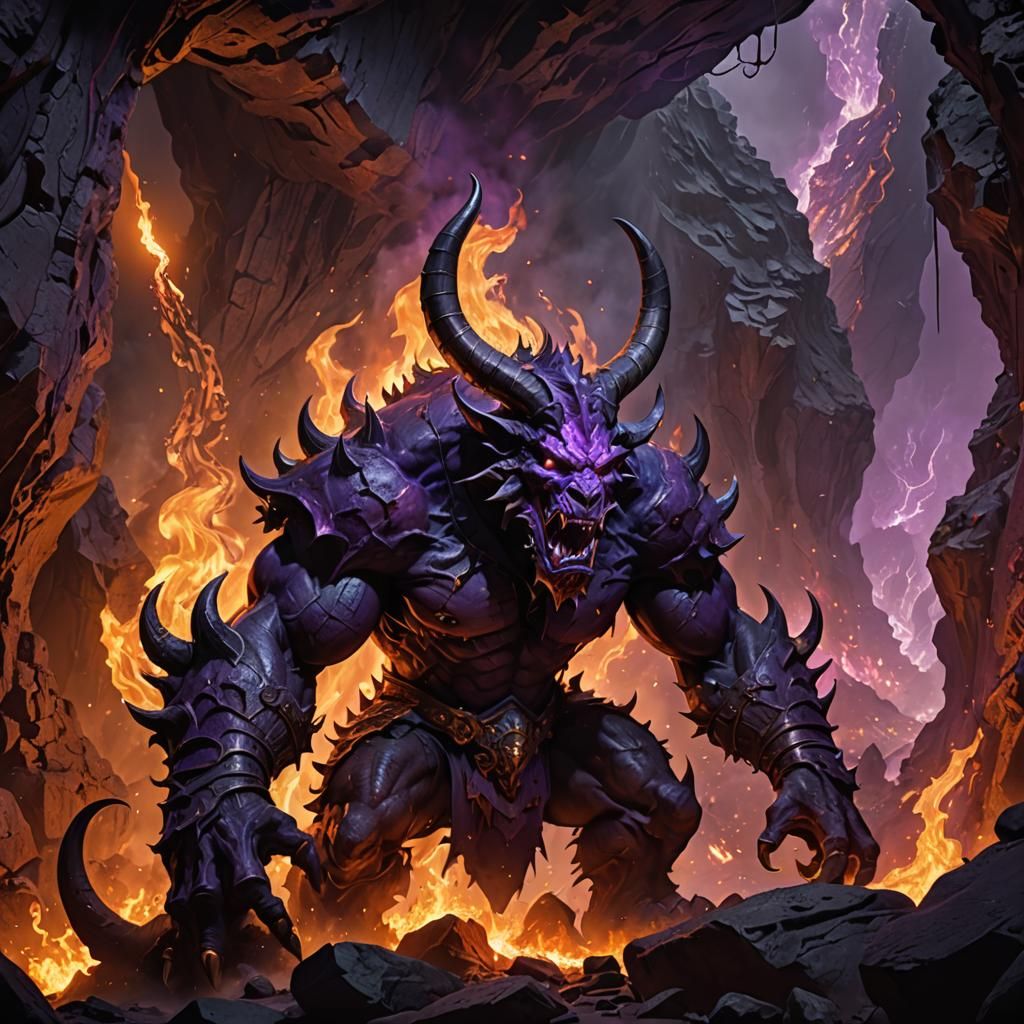Intimidating Horned Demon Stands Before Burning Cave