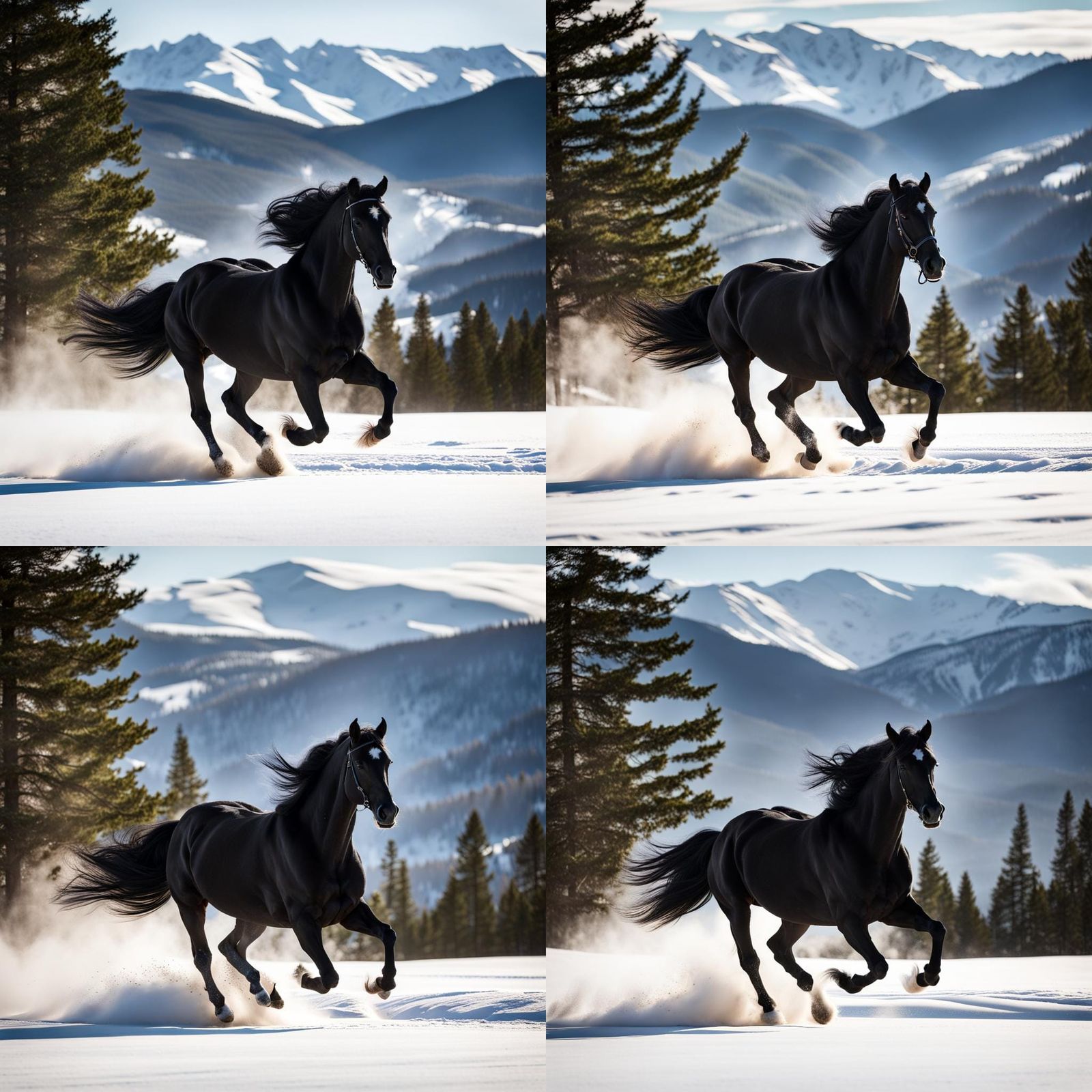 Black Horse Running Through Snowy Mountain Landscape