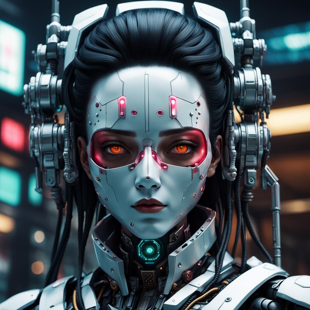 Cyberpunk Geisha Robot in Noir City