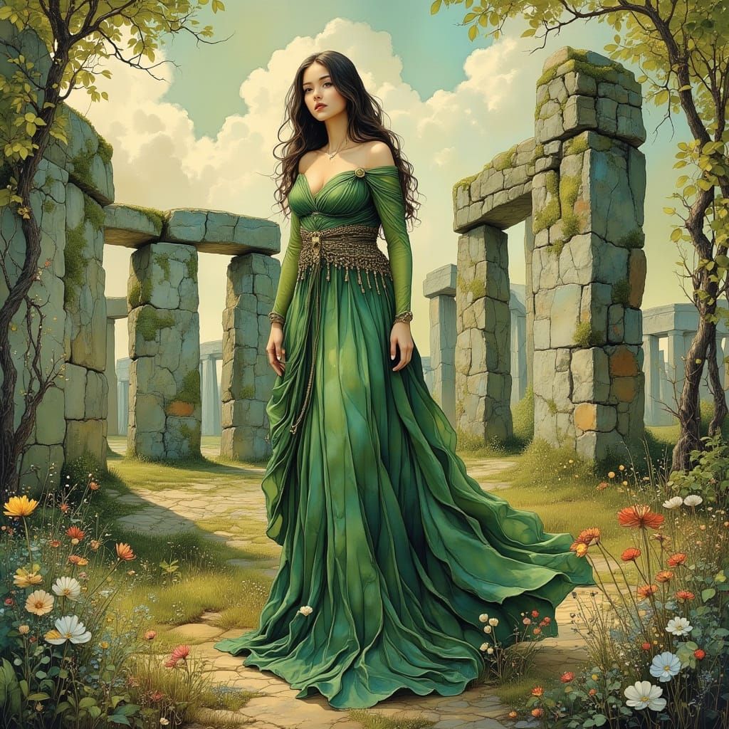 Earth Goddess at Stonehenge in Whimsical Style