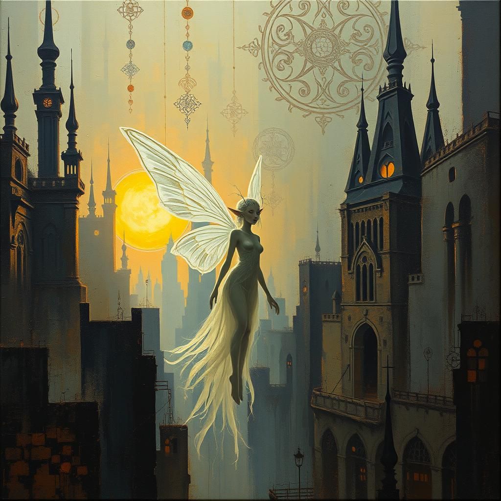 Ghostly Fairy Elf in Dystopian Cityscape as Impasto Painting
