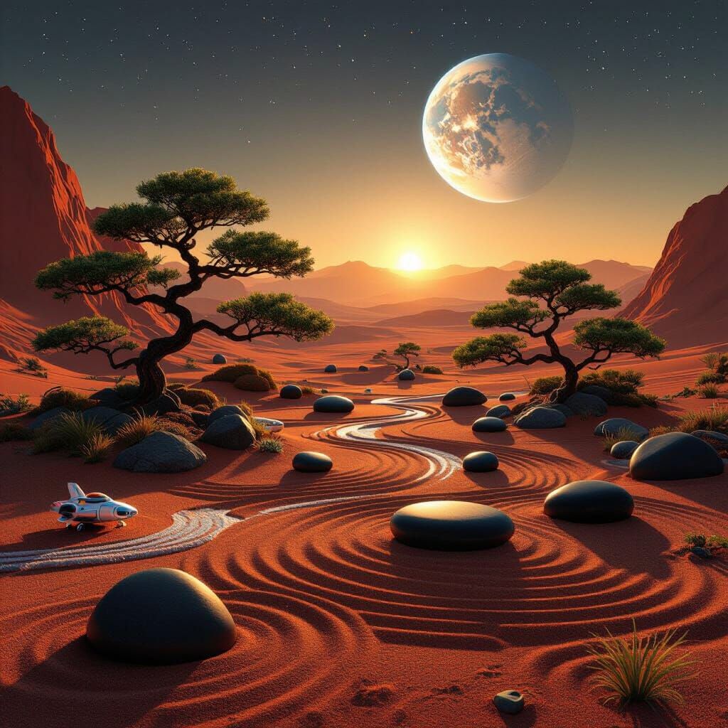 Martian Zen Garden with Earthrise, Hyperrealistic Digital Ar...