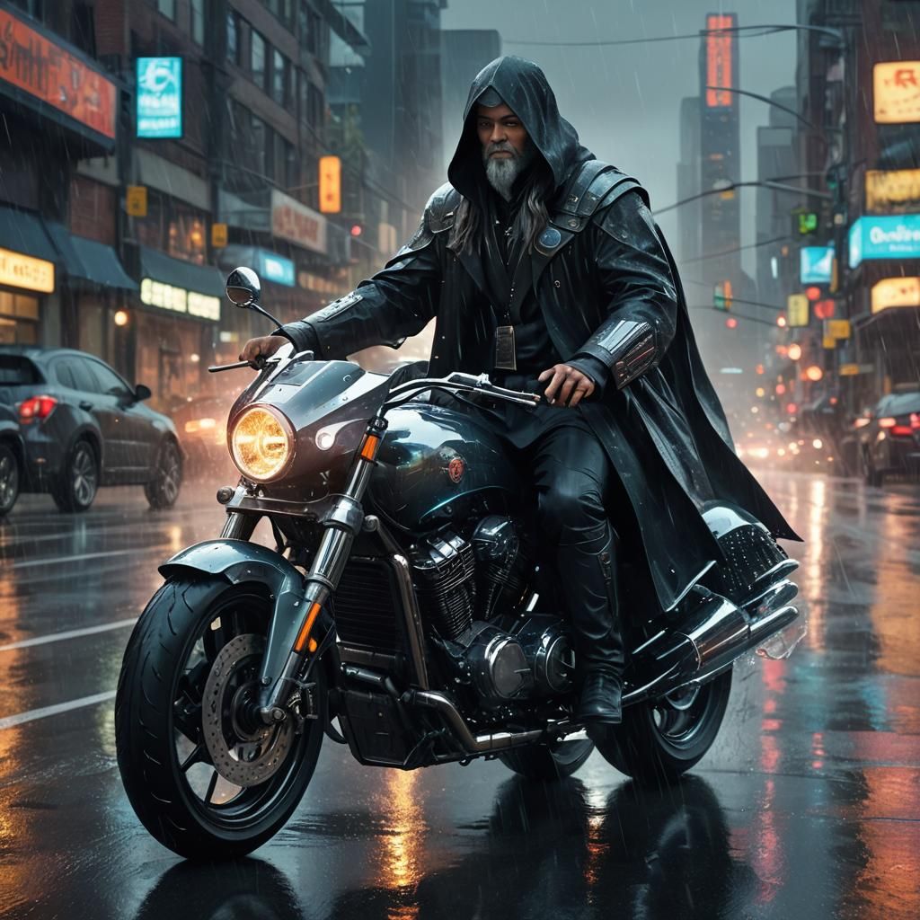 Wizard Rides Motorcycle in Rainy Cyberpunk Seattle