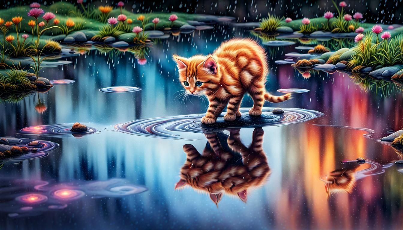 Kitten Plays with Star Reflections: Watercolor and Ink