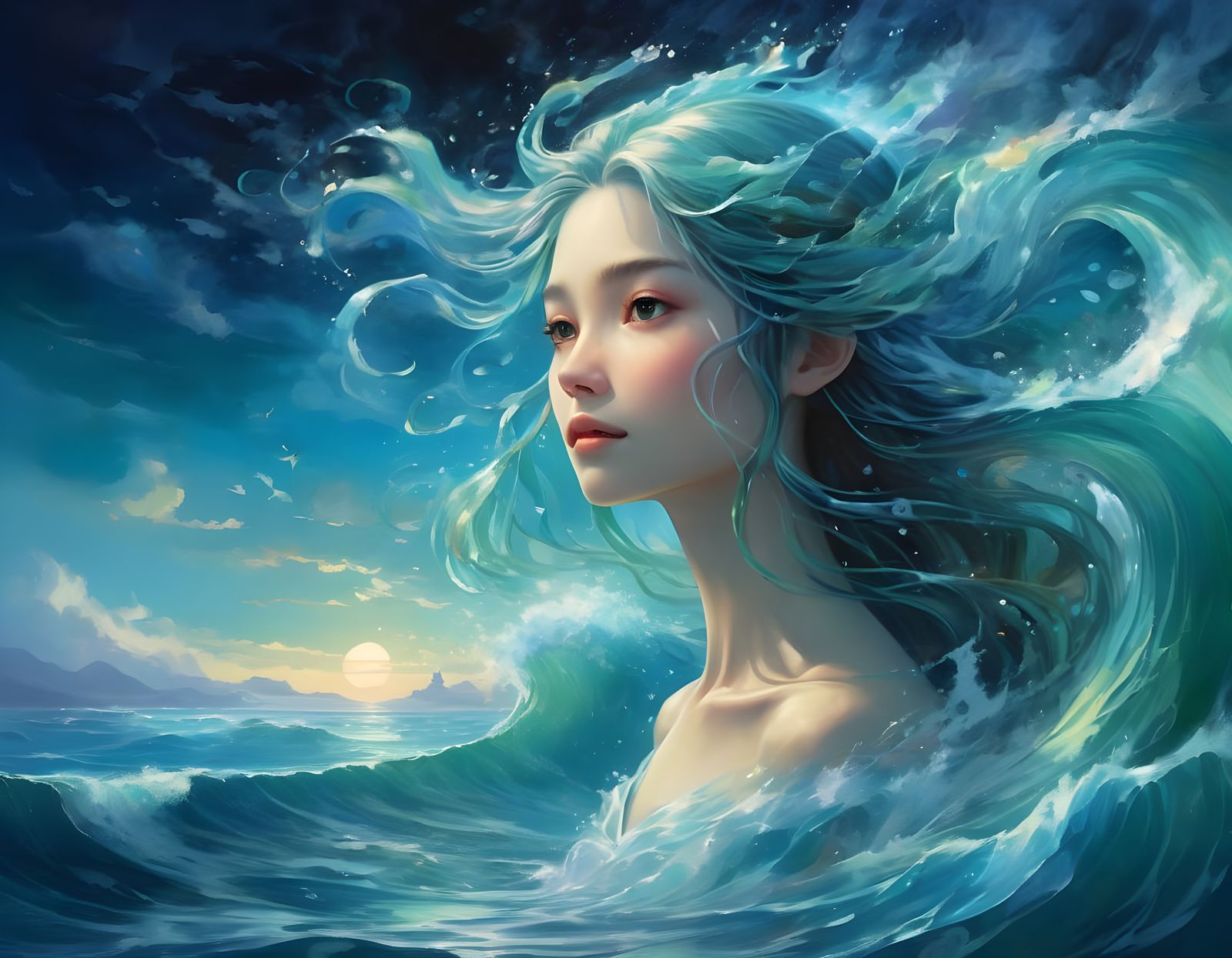 Ethereal Water Goddess Rides Ocean Wave in Vibrant Blues and...